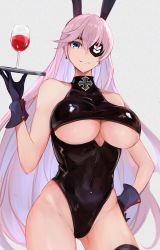 Rule 34 | 1girl, alternate costume, animal ears, azur lane, bare shoulders, blue eyes, breasts, cleavage, cleavage cutout, clothing cutout, cup, drinking glass, earrings, eyepatch, fake animal ears, gloves, halterneck, hand on own hip, highleg, highleg leotard, highres, jewelry, large breasts, leather, leotard, long hair, marshall k, navel, pink hair, playboy bunny, rabbit ears, scharnhorst (azur lane), shiny clothes, skin tight, skindentation, smile, solo, thighs, tray, underboob, wine glass