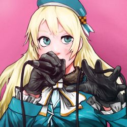 Rule 34 | 10s, 1girl, absurdres, atago (kancolle), beret, between fingers, black gloves, blonde hair, blue hat, breasts, cable, commentary request, covered mouth, frilled sleeves, frills, gloves, hat, highres, holding, holding microphone, jacket, kantai collection, large breasts, long hair, long sleeves, microphone, palms, pink background, simple background, solo, suterabee, uneven eyes, upper body