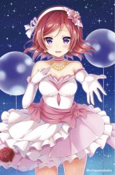Rule 34 | 1girl, :d, blush, bokutachi wa hitotsu no hikari, choker, collarbone, cowboy shot, dress, earrings, elbow gloves, flower, flower earrings, frilled dress, frills, gloves, hair flower, hair ornament, hairband, hand on own chest, highres, jewelry, looking at viewer, love live!, love live! school idol project, necklace, night, night sky, nishikino maki, open mouth, outstretched hand, pink dress, pink flower, purple eyes, red flower, red hair, red rose, rose, sakurai makoto (custom size), short hair, sky, smile, solo, star (sky), starry sky, strapless, strapless dress, striped choker, twitter username, white gloves