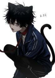 Rule 34 | 1boy, absurdres, animal ears, bags under eyes, black hair, black pants, blue jacket, cat boy, cat day, cat ears, cat tail, collar, fang, grey eyes, hair between eyes, highres, imai akira, jacket, leash, long sleeves, looking at viewer, male focus, open mouth, original, pants, red collar, shirt, simple background, solo, squatting, tail, track jacket, white background