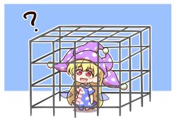 Rule 34 | 1girl, ?, american flag dress, american flag pants, blonde hair, blue background, blush, blush stickers, border, cage, chibi, clownpiece, dress, fairy wings, full body, hair between eyes, hat, highres, jester cap, long hair, looking away, neck ruff, no shoes, open mouth, outside border, pants, polka dot, purple hat, red eyes, shadow, shitacemayo, short sleeves, simple background, smile, solo, standing, star (symbol), star print, striped clothes, striped dress, striped pants, touhou, very long hair, white border, wings