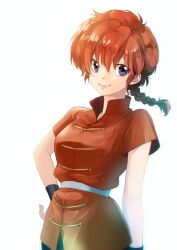 Rule 34 | 1girl, blue eyes, braid, braided ponytail, breasts, chinese clothes, closed mouth, commentary request, cowboy shot, genderswap, genderswap (mtf), highres, long hair, looking at viewer, medium breasts, ranma-chan, ranma 1/2, red hair, saotome ranma, shiratama akari, simple background, single braid, smile, solo, tangzhuang, white background