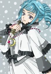 Rule 34 | 1girl, alfa system, ange serena, blue hair, dagger, dress, frills, grey eyes, jewelry, knife, ribbon, tales of (series), tales of innocence, weapon