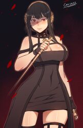 Rule 34 | 1girl, black dress, black hair, breasts, carcass (artist), cleavage, dagger, dress, dual wielding, earrings, gold earrings, gold hairband, hairband, highres, holding, holding dagger, holding knife, holding weapon, jewelry, knife, large breasts, looking at viewer, red eyes, sidelocks, solo, spy x family, stiletto (weapon), two-sided dress, two-sided fabric, weapon, yor briar