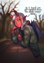 Rule 34 | 1girl, absurdres, bench, black pants, black sclera, colored sclera, colored skin, commentary, day, demon girl, demon wings, english commentary, english text, from side, green sweater, grey hair, highres, horns, long hair, long sleeves, looking at viewer, original, outdoors, pants, pointy ears, red horns, red skin, skin-covered horns, smile, sweater, table, telepurte, tree, wings, yellow eyes