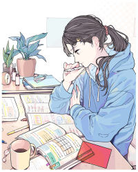 Rule 34 | 1girl, black hair, blue hoodie, book, brown eyes, candy, clock, coffee, coffee cup, cup, disposable cup, elbows on table, flash cards, food, hair ornament, hair scrunchie, hairclip, highres, holding, holding pen, hood, hoodie, indoors, keiko (um7mr1), long hair, looking down, notebook, open book, original, pen, pencil, plant, ponytail, potted plant, profile, scrunchie, serious, sitting, solo, studying, table, white background