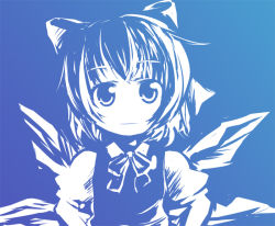Rule 34 | 1girl, blue theme, bow, cirno, dress, embodiment of scarlet devil, expressionless, female focus, hair bow, hands on own hips, high contrast, kusaba, kusaba (kusabashiki), monochrome, no nose, pinafore dress, sleeveless dress, solo, touhou, wings