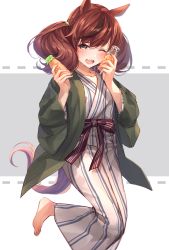 Rule 34 | 1girl, ;d, animal ears, barefoot, bath yukata, blush, bottle, brown eyes, brown hair, commentary request, grey background, hair between eyes, holding, holding bottle, horse ears, horse girl, horse tail, japanese clothes, kimono, long sleeves, looking at viewer, nice nature (umamusume), one eye closed, open clothes, open mouth, ouri (aya pine), smile, solo, striped clothes, striped kimono, tail, teeth, twintails, two-tone background, umamusume, upper teeth only, vertical-striped clothes, vertical-striped kimono, white background, white kimono, yukata