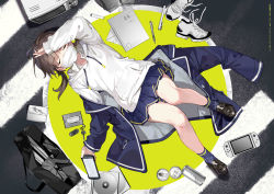 Rule 34 | 1girl, absurdres, almic, arm up, bag, black footwear, black jacket, blue skirt, blue socks, brown hair, can, cd, cd case, cevio, commentary request, closed eyes, facing viewer, full body, handheld game console, highres, holding, hood, hood down, hoodie, jacket, kafu (cevio), key, knees up, loafers, long sleeves, low twintails, lying, mask, mechanical pencil, mouth mask, on back, open clothes, open jacket, pencil, pleated skirt, school bag, school uniform, shoes, unworn shoes, skirt, sleeves past wrists, socks, solo, tissue box, twintails, white footwear, white hoodie