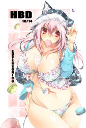 Rule 34 | 1girl, allenkung1, babydoll, between breasts, bikini, blush, breasts, character name, cleavage, food, hand on own hip, headphones, heart, heart print, highres, hood, hoodie, large breasts, long hair, macaron, mouth hold, nitroplus, open clothes, open hoodie, panties, pink hair, pom pom (clothes), print panties, red eyes, solo, super sonico, swimsuit, underwear