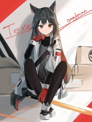 Rule 34 | 1girl, animal ear fluff, animal ears, arknights, black hair, black pantyhose, box, cardboard box, character name, closed mouth, commentary request, full body, gloves, grey shirt, highres, jacket, knees up, layered sleeves, long hair, long sleeves, looking at viewer, multicolored hair, nishimiya aki, one-hour drawing challenge, open clothes, open jacket, pantyhose, pantyhose under shorts, red eyes, red gloves, red hair, shirt, shoes, short over long sleeves, short shorts, short sleeves, shorts, sitting, solo, tail, texas (arknights), two-tone hair, very long hair, white footwear, white jacket, white shorts