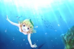Rule 34 | 1girl, air bubble, artist request, bad id, bad pixiv id, barefoot, blonde hair, blue eyes, breath, bubble, elf, fish, freediving, hair ornament, happy, highres, holding breath, jellyfish, laurel crown, leaf, leaf hair ornament, leaf on head, long hair, nude, nudist, ocean, open mouth, original, pointy ears, skinny dipping, solo, swimming, underwater, zenra