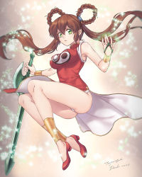 Rule 34 | 1girl, armpits, artist name, bare shoulders, bracelet, braid, braided hair rings, breasts, brown hair, china dress, chinese clothes, closed mouth, collared dress, commentary request, dated, dress, full body, gradient background, green eyes, hair between eyes, hair rings, highres, holding, holding weapon, jewelry, large breasts, light particles, long hair, looking at viewer, mamono hunter youko, mano youko, no legwear, panties, pantyshot, red dress, red footwear, shoes, side slit, sidelocks, sleeveless, sleeveless dress, solo, sword, tenjou tsuki, twintails, underwear, upskirt, very long hair, weapon, white panties, yin yang