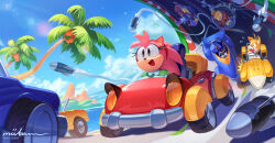 Rule 34 | 1girl, 4boys, :d, absurdres, amy rose, artist name, bald, blue sky, boots, brown eyes, brown footwear, brown gloves, brown hat, cape, car, clenched teeth, cloud, coconut, coconut tree, collared shirt, cowboy hat, day, dr. eggman, driving, egg mobile, eye contact, eyelashes, facial hair, fang the sniper, flying sweatdrops, furry, furry female, furry male, glasses, gloves, green shirt, hairband, happy, hat, highres, holding, holding clothes, holding hat, island, lens flare, looking at another, looking to the side, metal sonic, miitara, missile, missile trail, motor vehicle, mountain, multiple boys, mustache, open mouth, outdoors, palm tree, puffy short sleeves, puffy sleeves, racetrack, racing, red eyes, red hairband, round eyewear, serious, shirt, short sleeves, signature, sitting, sky, smile, sonic (series), sonic drift 2, sunlight, tails (sonic), teeth, tree, twitter username, unworn hat, unworn headwear, v-shaped eyebrows, water, white gloves, yellow cape