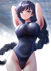Rule 34 | 1girl, agedashi doufu mk23, armpits, arms behind head, black hair, black one-piece swimsuit, blue eyes, breasts, commentary request, competition swimsuit, covered navel, groin, highleg, highleg swimsuit, highres, large breasts, long hair, one-piece swimsuit, original, parted lips, solo, swimsuit, turtleneck, two-tone swimsuit, very long hair