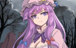 Rule 34 | 1girl, anime coloring, bare tree, blue bow, blue ribbon, bow, bowtie, breasts, cloud, cloudy sky, collar, commentary request, crescent, crescent pin, hair bow, hat, hat ribbon, large breasts, light frown, long hair, mob cap, namiki (remiter00), patchouli knowledge, purple bow, purple bowtie, purple eyes, purple hair, red bow, ribbon, sky, solo, touhou, tree, upper body, very long hair