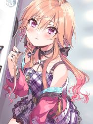 Rule 34 | belt, black nails, blush, bow, braid, breasts, checkered clothes, checkered dress, choker, commentary request, dress, eyelashes, glitterstage, gradient hair, hair between eyes, hair bow, hand up, highres, idolmaster, idolmaster cinderella girls, idolmaster cinderella girls starlight stage, jacket, jewelry, light brown hair, long hair, long sleeves, looking at viewer, multicolored hair, nail polish, ninomiya asuka, open clothes, open jacket, over shoulder, parted lips, pink hair, pink jacket, playing with own hair, purple dress, purple eyes, ring, simple background, small breasts, solo