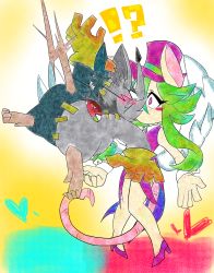 Rule 34 | !?, 1boy, 1girl, animal ears, blush stickers, ear tag, gloves, green hair, hat, heart, highres, kiss, leotard, mad rat, mad rat dead, mouse (animal), mouse ears, mouse girl, mouse tail, nippon ichi, rat god, red eyes, stitches, tail, top hat, wings, wrist cuffs