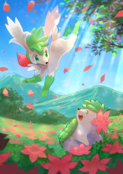 Rule 34 | commentary, creatures (company), day, flower, game freak, gen 4 pokemon, grass, green eyes, highres, kikuyoshi (tracco), legendary pokemon, light beam, looking up, mountain, mythical pokemon, nintendo, no humans, open mouth, outdoors, petals, pink flower, pokemon, pokemon (creature), shaymin, shaymin (land), shaymin (sky), signature, sky, tongue, tree