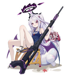 Rule 34 | 1girl, absurdres, ahoge, blue archive, blush, breasts, facial mark, full body, grey hair, gun, hair ornament, hairclip, halo, highres, hina (blue archive), hina (swimsuit) (blue archive), horns, innertube, long hair, looking at viewer, low wings, multiple horns, one-piece swimsuit, open mouth, rifle, sand, sandals, school swimsuit, side ponytail, simple background, sitting, small breasts, solo, swim ring, swimsuit, v-shaped eyebrows, very long hair, weapon, whisker markings, whistle, white background, wings, xiu kukkii
