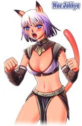 Rule 34 | 1girl, animal ears, animal nose, archived source, blue eyes, breasts, brown sleeves, cat ears, cat girl, cat tail, character name, cleavage, clenched hand, covered erect nipples, cowboy shot, detached sleeves, final fantasy, final fantasy xi, hae jyakka, hands up, legs apart, light purple hair, long sleeves, lowres, medium breasts, mithra (ff11), navel, open mouth, short hair, simple background, solo, standing, tail, tail raised, taisai soft, teeth, thighs, white background