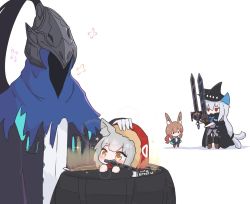 Rule 34 | 1boy, 3girls, amiya (arknights), animal ear fluff, animal ears, arknights, artorias the abysswalker, bag, black cape, black coat, black headwear, black pants, boots, brown footwear, brown hair, cape, chibi, clothing cutout, coat, commentary, commission, cosplay, dagger, dark souls (series), dark souls i, doctor (arknights), doctor (arknights) (cosplay), english commentary, fur-trimmed hood, fur trim, gloves, grey hair, grey shirt, hand on another&#039;s head, hat, helm, helmet, holding, holding sword, holding weapon, hood, hood up, hooded jacket, jacket, jitome, knife, kurotofu, long hair, low-tied long hair, mouth hold, multiple girls, open clothes, open coat, pants, projekt red (arknights), rabbit ears, red eyes, red jacket, shirt, skadi (arknights), sparkle, sword, thigh cutout, trait connection, weapon, white background, white gloves