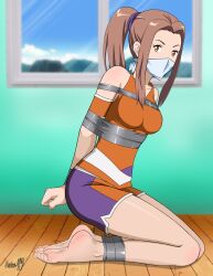 Rule 34 |  gag, absurdres, arms behind back, bdsm, bondage, bound, bound ankles, bound arms, bound wrists, breasts, brown eyes, brown hair, cloth gag, digimon, digimon adventure tri., gag, gagged, highres, improvised gag, legs, looking at viewer, medium breasts, over the nose gag, shadow xcp, tachikawa mimi, thighs