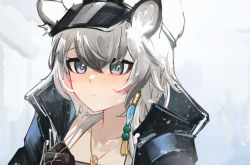 Rule 34 | 1girl, animal ears, ao oni (onioni-aoi), arknights, black gloves, black jacket, blush, cliffheart (arknights), collarbone, gloves, grey eyes, hair between eyes, hair ornament, hand up, hat, highres, jacket, jewelry, leopard ears, leopard girl, looking at viewer, necklace, parted lips, portrait, short hair, simple background, solo, white background, white hair, white hat