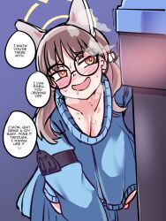 Rule 34 | 1girl, blue archive, blue background, blue skirt, blue sweater, blush, breasts, brown hair, collarbone, cropped sweater, english text, glasses, halo, highres, huge breasts, miyu (blue archive), moe (blue archive), nipples, open mouth, round eyewear, simple background, sirachi, skirt, smile, speech bubble, sweater, trash can, twintails, yellow eyes