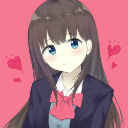 Rule 34 | 1girl, 7 calpis 7, black hair, black jacket, blazer, blue cardigan, blue eyes, blush, cardigan, closed mouth, collared shirt, commentary request, dress shirt, heart, jacket, long hair, looking at viewer, open clothes, open jacket, original, red background, school uniform, shirt, smile, solo, upper body, white shirt