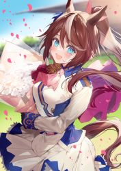 Rule 34 | 1girl, absurdres, animal ears, ascot, black gloves, blue eyes, blue sky, blurry, blurry background, blush, bouquet, breasts, brown hair, capelet, cherry blossoms, commentary, cowboy shot, day, fingerless gloves, floating hair, flower, gloves, hair between eyes, hair ribbon, happy tears, highres, holding, holding bouquet, horse ears, horse girl, horse tail, jacket, long hair, long sleeves, looking at viewer, medium breasts, multicolored hair, necomi, open mouth, outdoors, petals, pink ascot, pink capelet, pink ribbon, ponytail, ribbon, skirt, skirt set, sky, smile, solo, streaked hair, symbol-only commentary, tail, tearing up, tears, tokai teio (umamusume), two-tone hair, umamusume, white flower, white hair, white jacket, white skirt, wind, wing collar