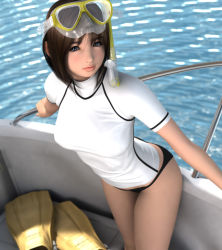 Rule 34 | 1girl, 3d, bikini, bikini bottom only, black eyes, boat, breasts, brown hair, diving mask, diving suit, flippers, goggles, goggles on head, highres, hinemaru, looking at viewer, medium breasts, original, shirt, short hair, short sleeves, snorkel, solo, standing, swimsuit, t-shirt, water, watercraft, white shirt
