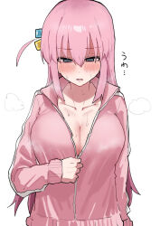 Rule 34 | 1girl, bocchi the rock!, breasts, cleavage, collarbone, cube hair ornament, gotoh hitori, hair ornament, highres, jacket, kobinbin, large breasts, long hair, long sleeves, looking down, partially unzipped, pink hair, pink jacket, simple background, solo, steam, straight hair, sweatdrop, track jacket, upper body, very long hair, white background