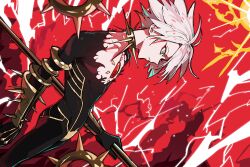 1boy absurdres black_bodysuit blue_eyes bodysuit chest_jewel collar colored_skin ebora eyeshadow fate/grand_order fate_(series) hair_between_eyes highres holding karna_(fate) makeup male_focus pale_skin polearm red_eyeshadow short_hair solo spiked_collar spikes weapon white_hair white_skin