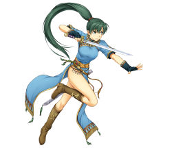 Rule 34 | 1girl, absurdres, attack, bare legs, breasts, dress, female focus, fighting stance, fingerless gloves, fire emblem, fire emblem: the blazing blade, fire emblem heroes, full body, gloves, green eyes, green hair, highres, holding, holding sword, holding weapon, leg up, long hair, lyn (fire emblem), matching hair/eyes, medium breasts, nintendo, official art, pelvic curtain, ponytail, side slit, simple background, solo, sword, thighs, very long hair, weapon, white background, yamada koutarou