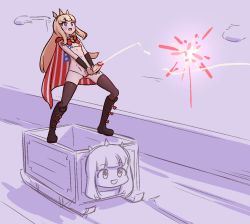 Rule 34 | 1girl, american flag, american flag bikini, american flag print, bikini, black footwear, black thighhighs, blonde hair, blush, boots, cagliosled, cagliostro (granblue fantasy), cape, cum, ejaculation, erection, flag print, futanari, futanari masturbation, granblue fantasy, liveactors, long hair, masturbation, navel, open mouth, partially colored, penis, projectile cum, purple eyes, sled, solo, standing, swimsuit, thighhighs, thighhighs under boots, tiara, uncensored