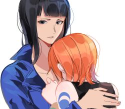 Rule 34 | 2girls, arm tattoo, bad id, bad twitter id, black hair, black shirt, blue eyes, blue jacket, blunt bangs, commentary request, hand on another&#039;s back, hug, jacket, joman, korean commentary, looking at viewer, medium hair, multiple girls, nami (one piece), nico robin, one piece, orange hair, shirt, short hair, simple background, tattoo, white background