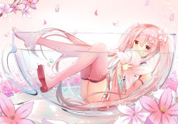 Rule 34 | 1girl, boots, cherry blossoms, cup, detached sleeves, falling petals, flower, hair flower, hair ornament, hatsune miku, in container, in cup, knees together feet apart, long hair, looking at viewer, mini person, minigirl, petals, pink footwear, pink hair, red eyes, sakura miku, skirt, solo, submerged, tailam, teacup, thigh boots, thighhighs, twintails, very long hair, vocaloid