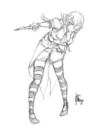 Rule 34 | 1girl, ascot, bent over, blouse, fatuus, full body, greyscale, highres, holding stomach, lolita fashion, meredith thorne, monochrome, one eye closed, shirt, shoes, short hair, simple background, sketch, solo, striped clothes, striped thighhighs, tailcoat, thighhighs, waistcoat, wand, weapon, white background, zettai ryouiki