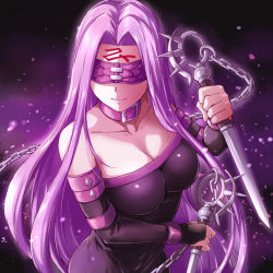 Rule 34 | 1girl, blindfold, breasts, cleavage, collar, dress, facial mark, fate (series), fish.boy, forehead mark, graphite (medium), highres, long hair, medusa (fate), medusa (rider) (fate), purple hair, solo, strapless, strapless dress, traditional media, weapon