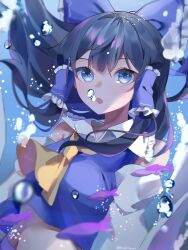 Rule 34 | 1girl, absurdres, air bubble, alternate color, ascot, black hair, blue bow, blue eyes, bow, bubble, commentary, detached sleeves, fish, frilled bow, frilled hair tubes, frills, hair bow, hair tubes, hakurei reimu, hidukihumi, highres, long hair, looking at viewer, open mouth, solo, touhou, underwater, yellow ascot