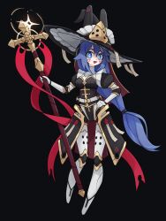 Rule 34 | 1girl, android, blue eyes, blue hair, borrowed character, cross, facial mark, full body, hand on own hip, hat, highres, holding, holding staff, joints, long hair, looking at viewer, no feet, original, ringed eyes, robot joints, solo, squeaky (artist), staff, very long hair, wax seal, witch hat