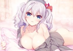 Rule 34 | 1girl, alternate costume, ass, beret, blue eyes, blush, bottomless, breasts, cleavage, collarbone, commentary, day, gunp, hair between eyes, hat, head tilt, holding, holding pillow, indoors, kantai collection, kashima (kancolle), large breasts, long hair, looking at viewer, lying, naked shirt, no bra, on bed, on stomach, open mouth, pillow, shirt, sidelocks, silver hair, solo, twintails, wavy hair, window