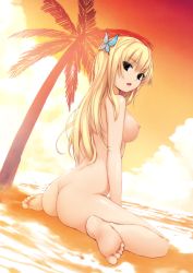 Rule 34 | 10s, 1girl, absurdres, ass, back, barefoot, beach, blonde hair, boku wa tomodachi ga sukunai, breasts, bug, butterfly, butterfly hair ornament, cloud, coffee-kizoku, dutch angle, feet, female focus, from behind, green eyes, hair ornament, highres, insect, kashiwazaki sena, long hair, looking at viewer, looking back, nipples, nude, nude filter, open mouth, orange sky, sitting, sky, soles, sunset, third-party edit, toes, tree, wariza