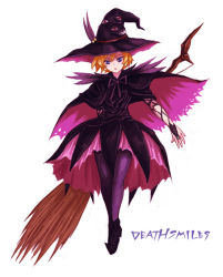 Rule 34 | blonde hair, blue eyes, cape, cave (developer), deathsmiles, earrings, hat, jewelry, kara (color), open mouth, pantyhose, sakura (deathsmiles), short hair, solo, witch, witch hat