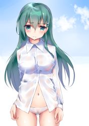 Rule 34 | 10s, 1girl, blush, breasts, colored pubic hair, female pubic hair, gradient background, green eyes, green hair, green pubic hair, henet hene, kantai collection, long hair, looking at viewer, matching hair/eyes, navel, panties, pubic hair, see-through, shirt, solo, suzuya (kancolle), underwear