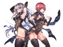 Rule 34 | 2girls, arm up, armpits, ass, belt, black gloves, breasts, clair lasbard, corset, cowboy shot, elbow gloves, covered erect nipples, gauntlets, gloves, hair ribbon, leg tattoo, long hair, medium breasts, multiple girls, multiple gloves, nel zelpher, oro (sumakaita), pink hair, purple eyes, ribbon, scarf, short hair, sideboob, silver hair, simple background, smile, star ocean, star ocean till the end of time, tattoo, thighhighs, twisted torso, very long hair, white background, yellow eyes