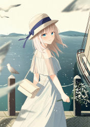 Rule 34 | 1girl, absurdres, bag, bird, blue bow, blue eyes, bow, brown hat, commentary, dress, english commentary, flower, hat, hat bow, highres, holding, holding flower, looking at viewer, looking back, ocean, original, outdoors, senri (senri sen), short hair, smile, solo, white dress, white flower, white hair