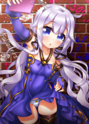 Rule 34 | 1girl, :&lt;, absurdres, ahoge, azur lane, bare shoulders, black thighhighs, breasts, brick wall, cellphone, clothes lift, collarbone, commentary request, cosplay, derivative work, dress, dress lift, elbow gloves, fingerless gloves, gloves, hair between eyes, hair ornament, halterneck, head tilt, highres, holding, holding phone, lifting own clothes, long hair, looking at viewer, oooqqq, outstretched arm, panties, parted lips, phone, purple dress, purple gloves, purple hair, selfie, small breasts, smartphone, solo, star (symbol), striped clothes, striped panties, thighhighs, triangle mouth, underwear, unicorn (azur lane), very long hair, vocaloid, xingchen, xingchen (cosplay)
