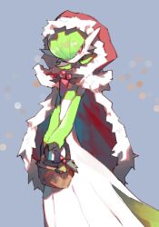 Rule 34 | basket, bob cut, cape, chikichi, colored skin, creatures (company), dress, fur-trimmed cape, fur trim, game freak, gardevoir, gen 3 pokemon, green hair, hair over one eye, holding, holding basket, hood, hooded cape, looking at viewer, multicolored skin, nintendo, pink eyes, pokemon, pokemon (creature), simple background, smile, two-tone skin, white dress, white skin